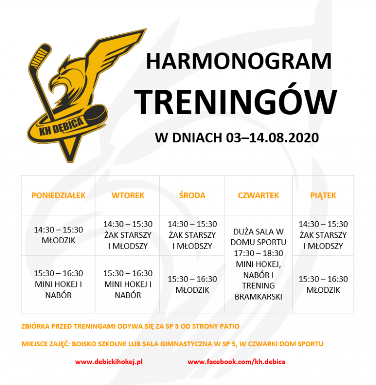 HARMONOGRAM TRENINGÓW OD 03.08.2020 – KLUB HOKEJOWY DĘBICA